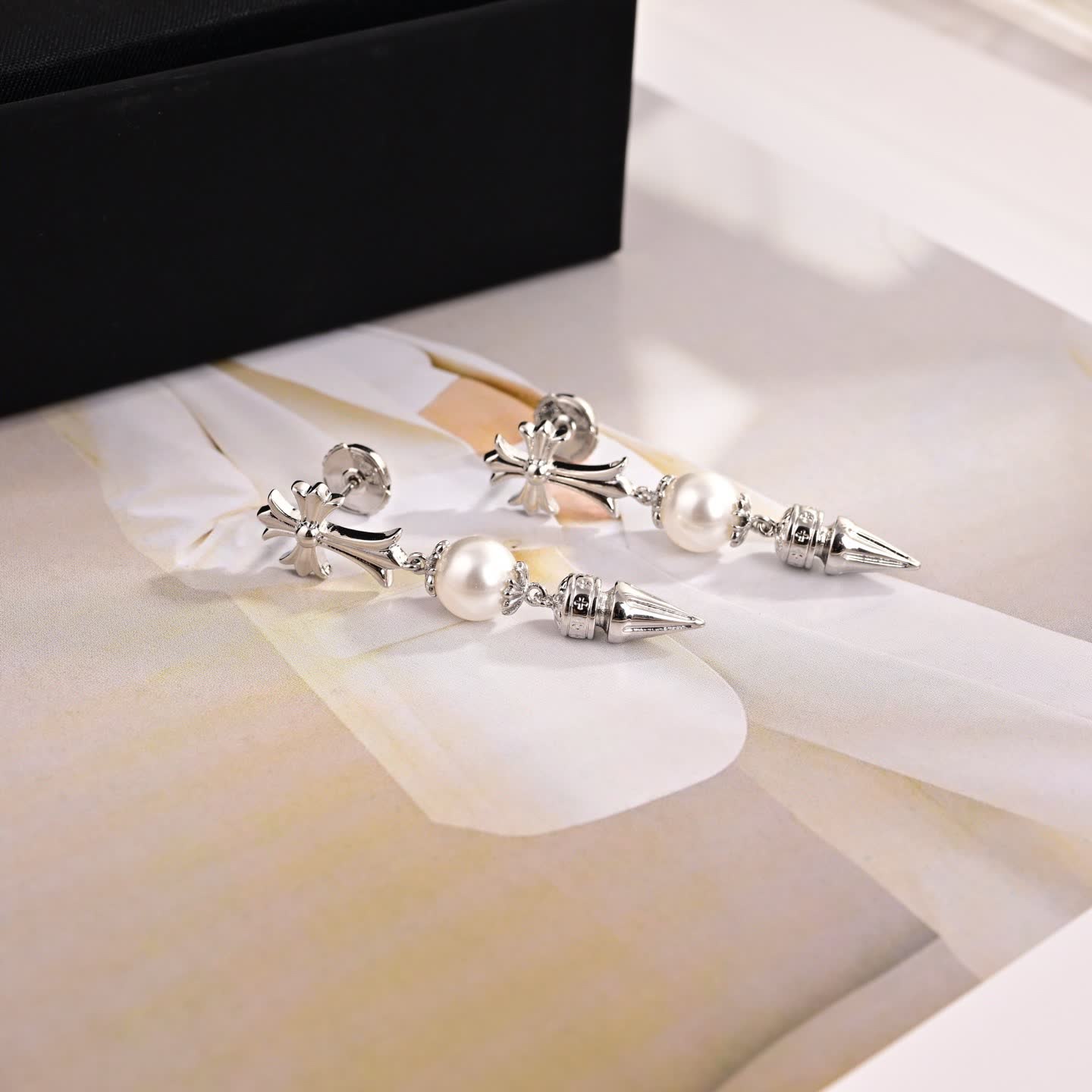 Chrome Hearts Silver Cross Pearl Drop Earrings